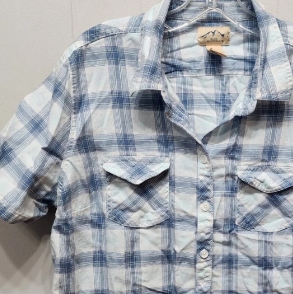 Blue Mountain Shirt Large Button‎ Front Short Sleeve Blue Casual Plaid B725
